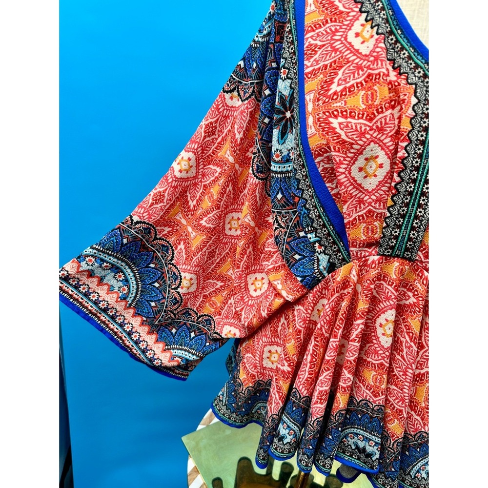 Anthro Flying Tomato Boho Paisley Mandala Kimono Sleeve Peplum Blouse XS - Picture 2 of 11